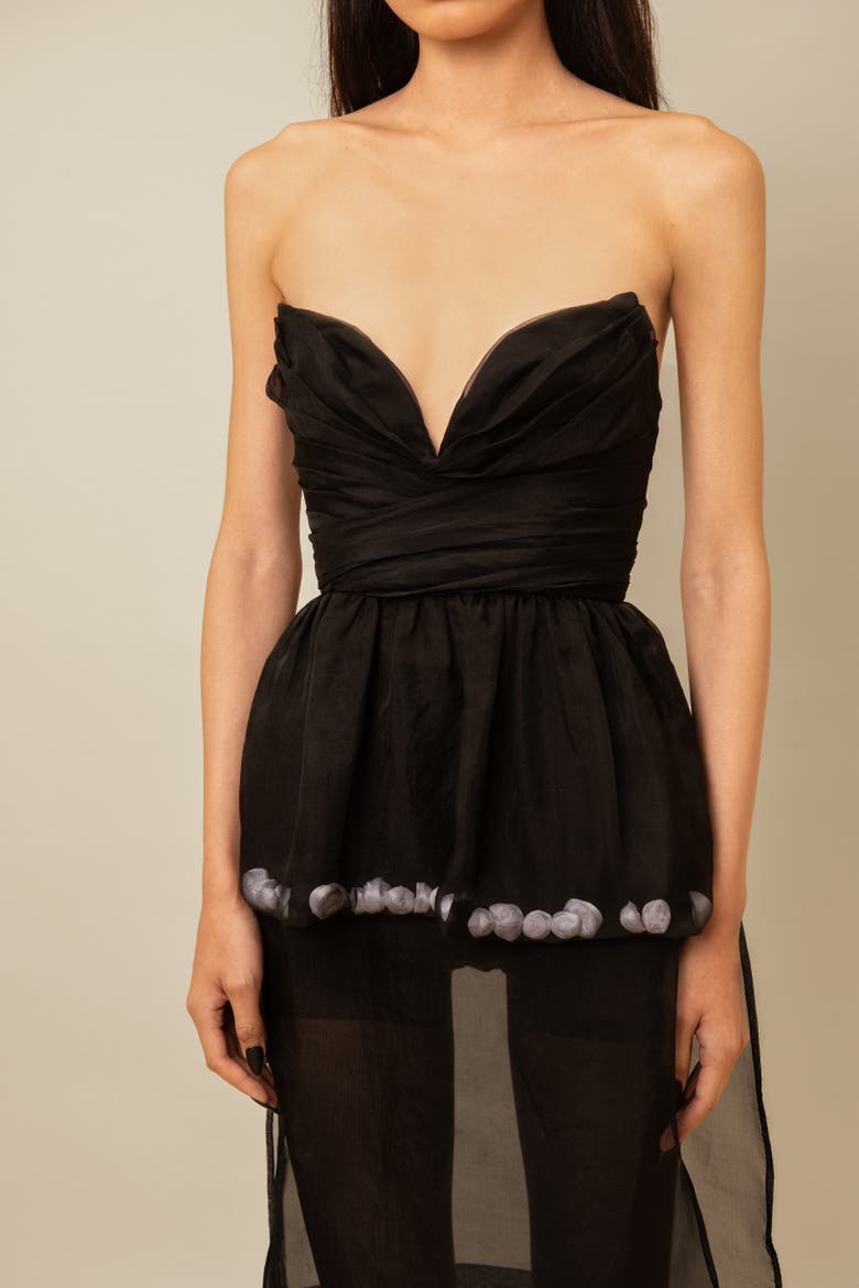 The Mary Romantic Floral Structured Silk Organza Top, Alternate, color, Black