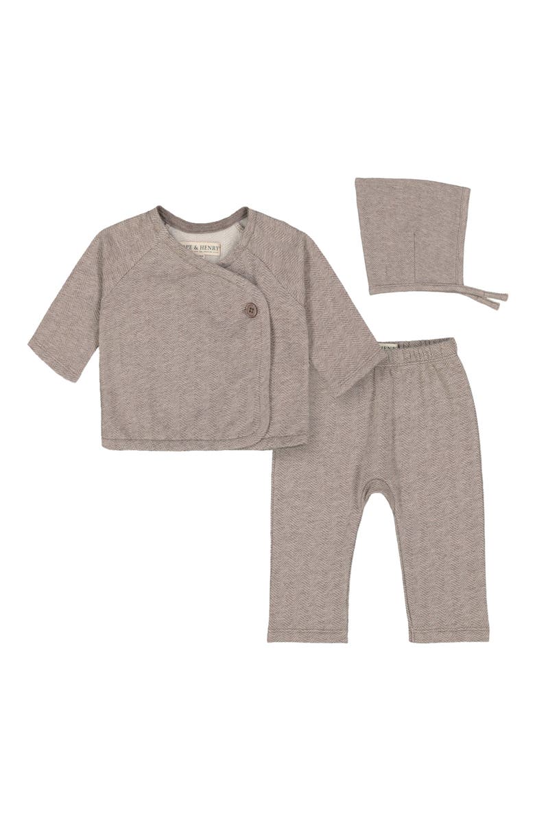 Hope & Henry Baby Fleece Kimono Top, Legging, and Bonnet Set, Infant, Main, color, Brown