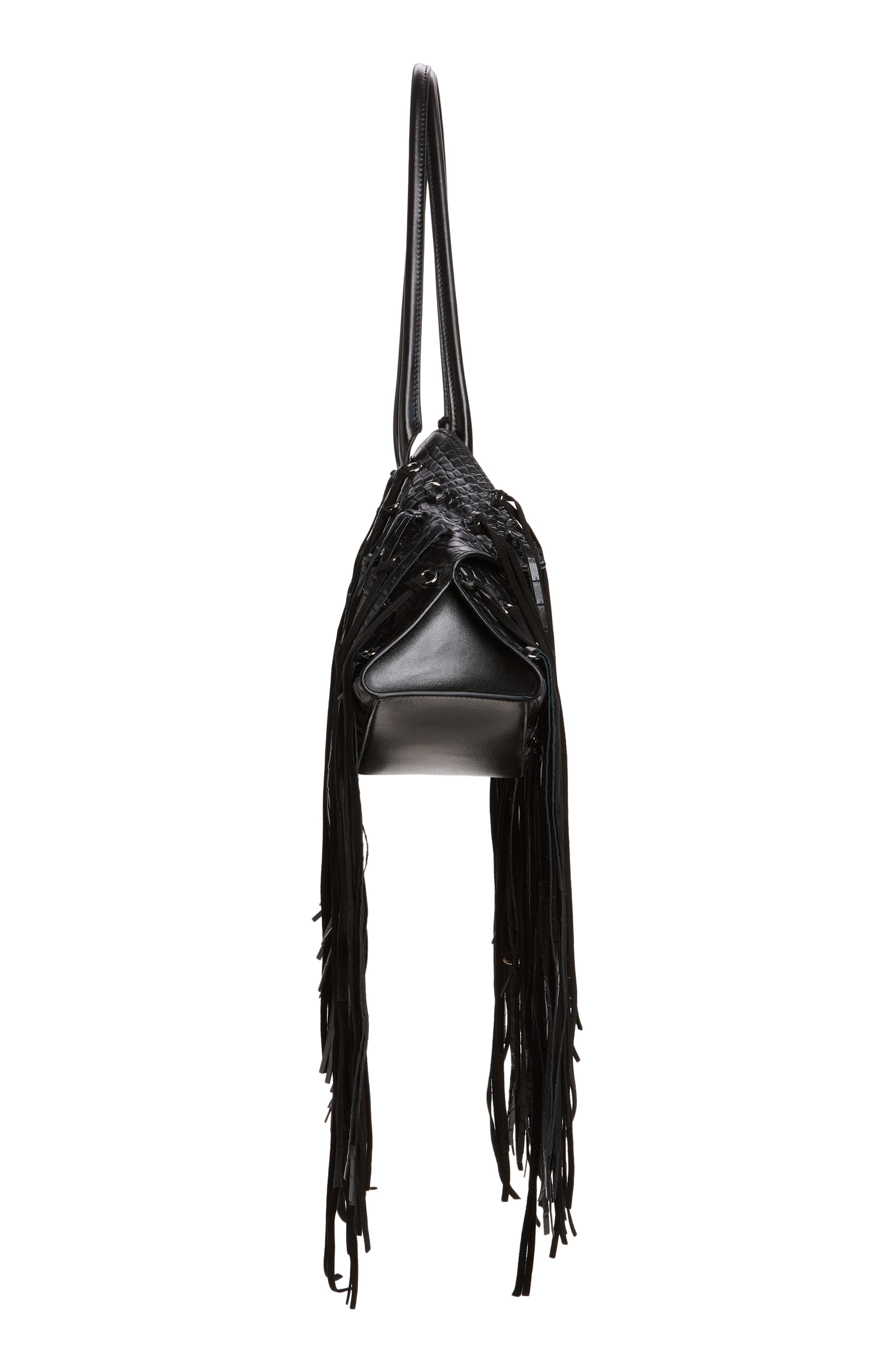 McQueen Manta Fringe Embellished Croc Embossed Leather Shoulder Bag, Alternate, color, Black/ Silver