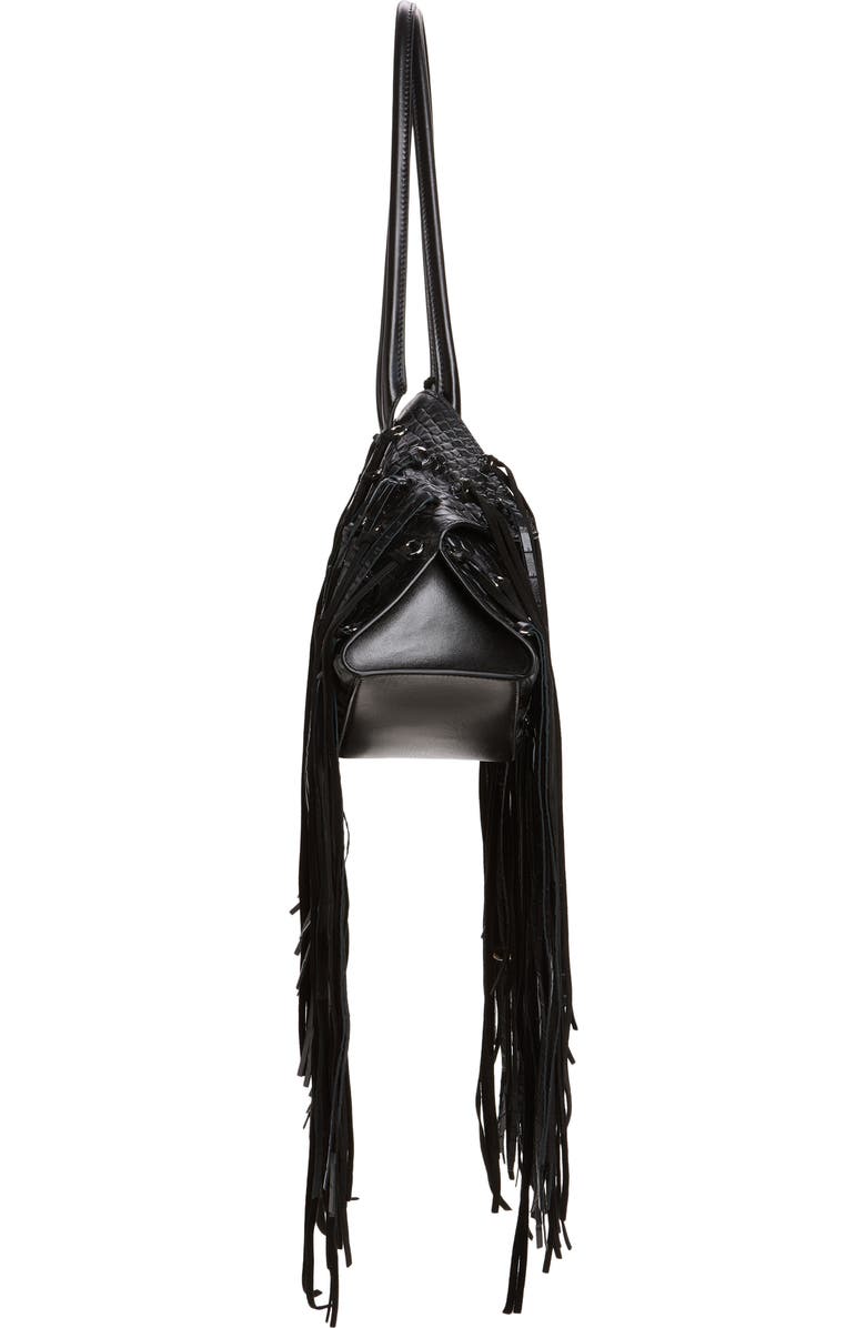 McQueen Manta Fringe Embellished Croc Embossed Leather Shoulder Bag, Alternate, color, Black/ Silver