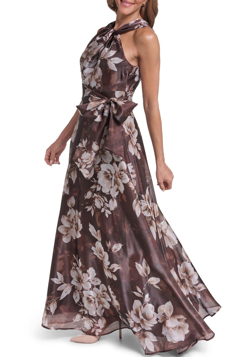 Floral Twist Neck Organza Ballgown, Alternate, color, CHOCOLATE