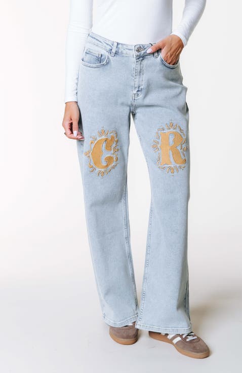 Gaias CR Logo High Rise Straight Leg Denim Pants