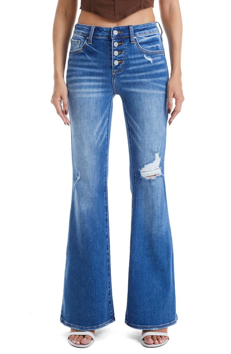 Bayeas Exposed Button Mid Rise Flare Jeans, Main, color, Dark Blue