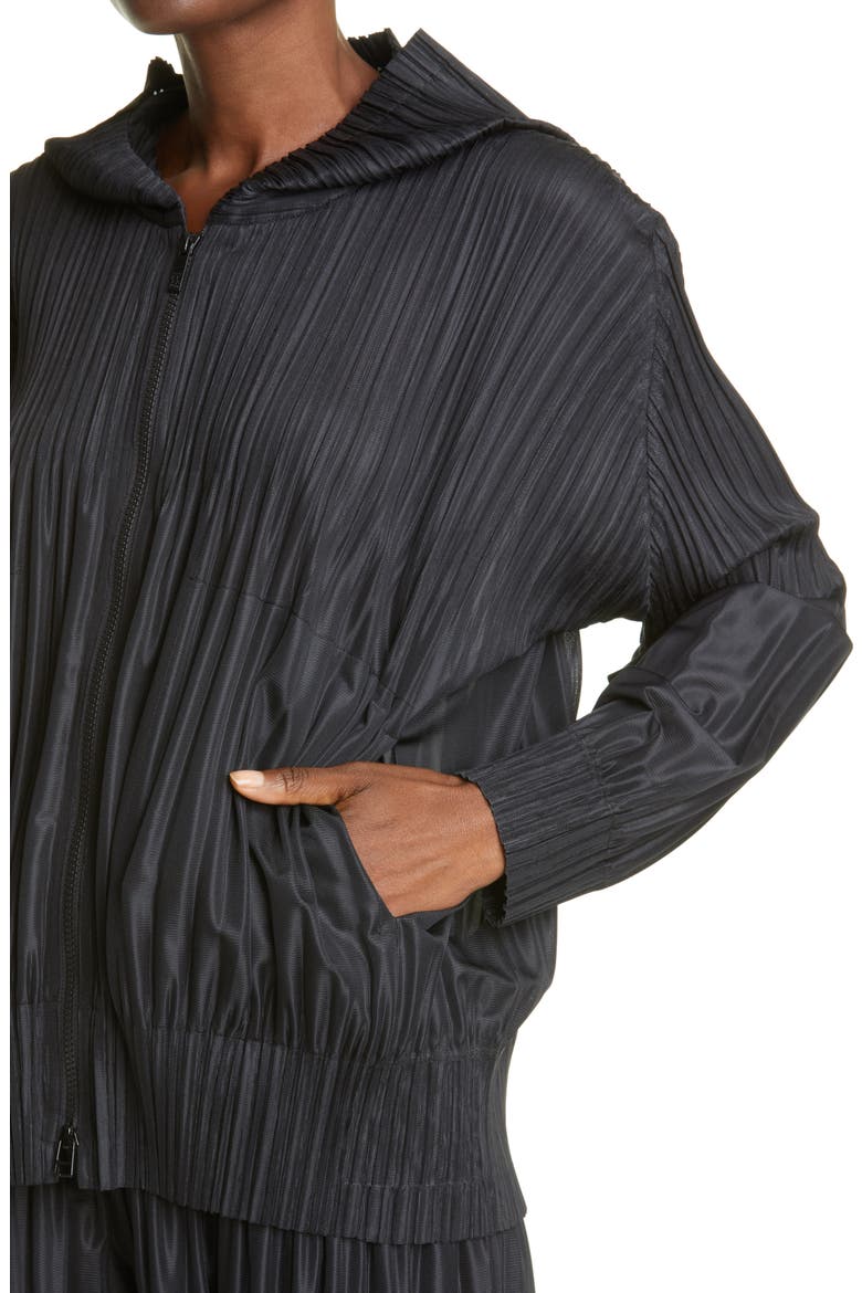 Pleated Zip Front Hoodie, Alternate, color, BLACK