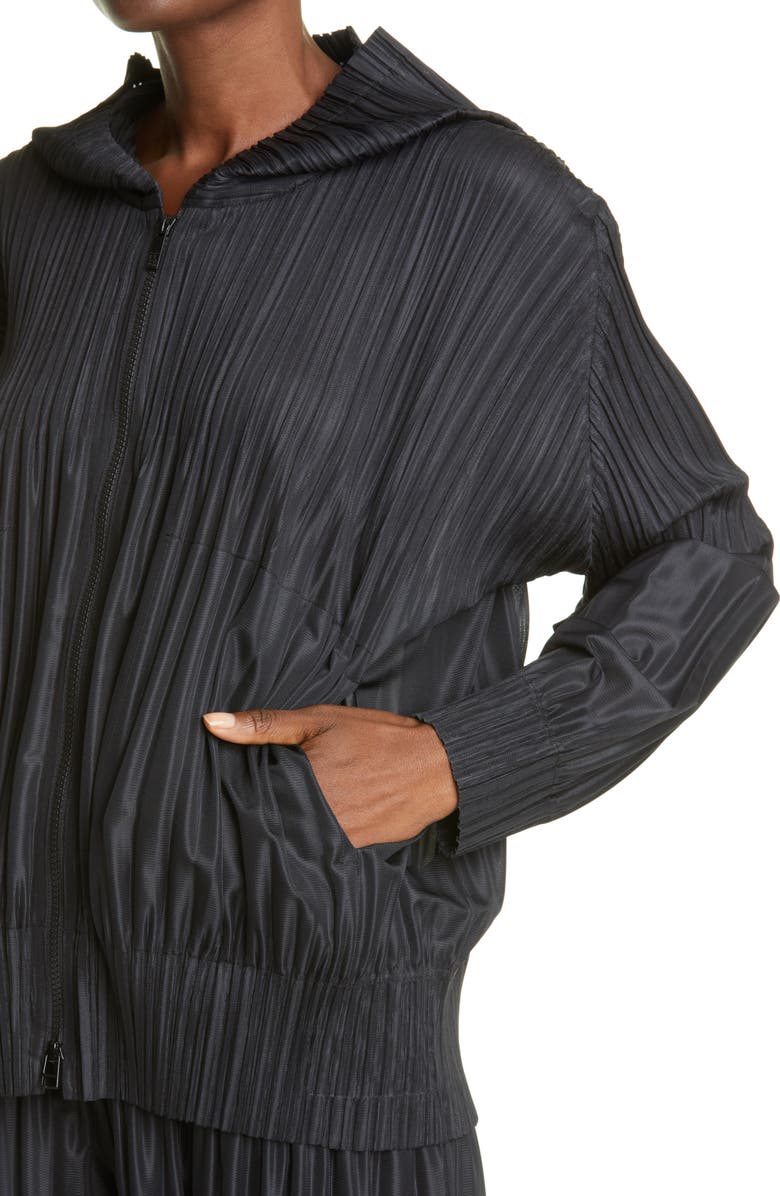 Pleats Please Issey Miyake Pleated Zip Front Hoodie, Alternate, color, Black