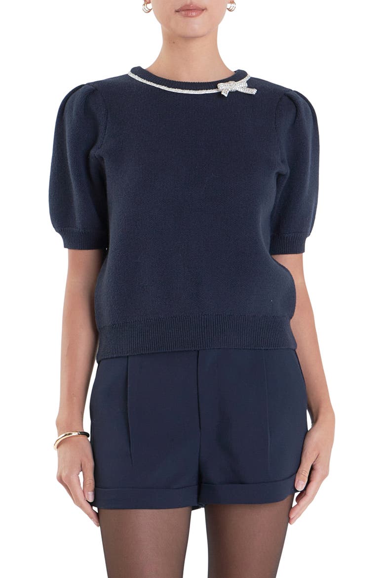 Crystal Embellished Bow Detail Puff Sleeve Sweater, Main, color, NAVY
