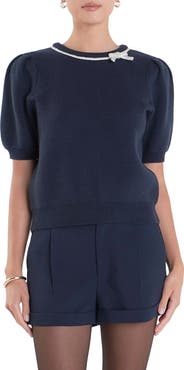 English Factory Crystal Embellished Bow Detail Puff Sleeve Sweater