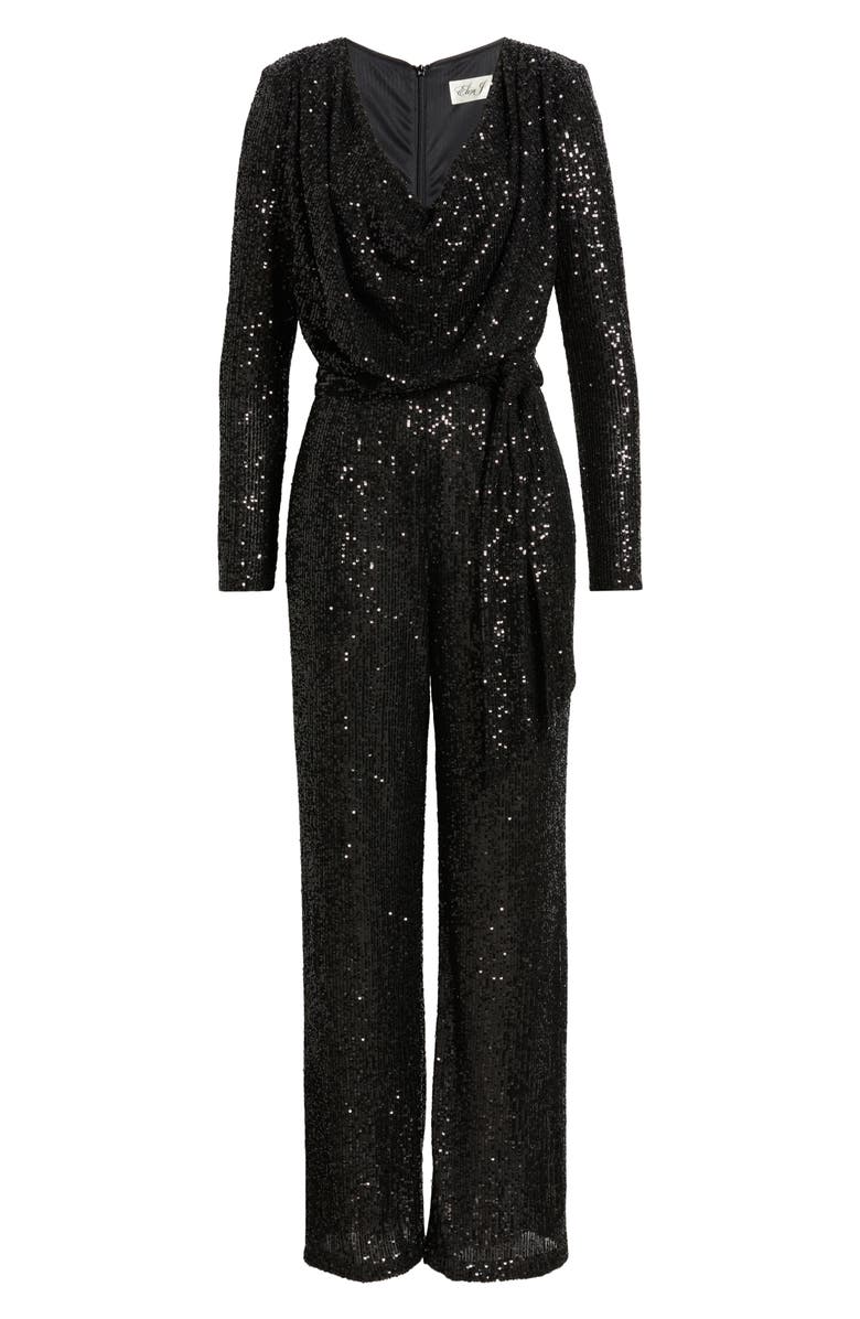 Eliza J Draped Neck Long Sleeve Sequin Jumpsuit, Alternate, color, Black