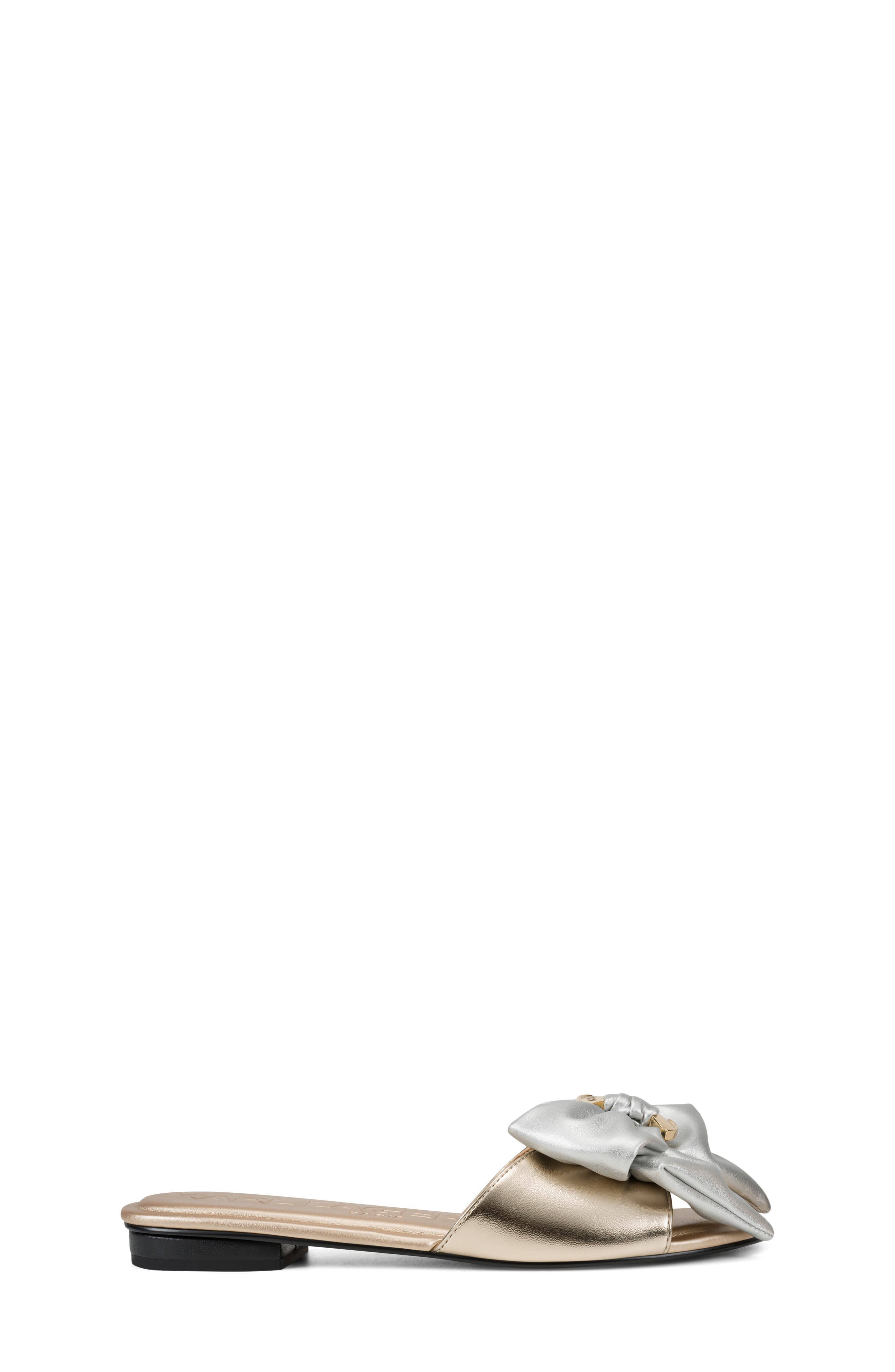 KARL LAGERFELD PARIS Ciaran Bow Slide Sandal, Alternate, color, White Gold/ Silver