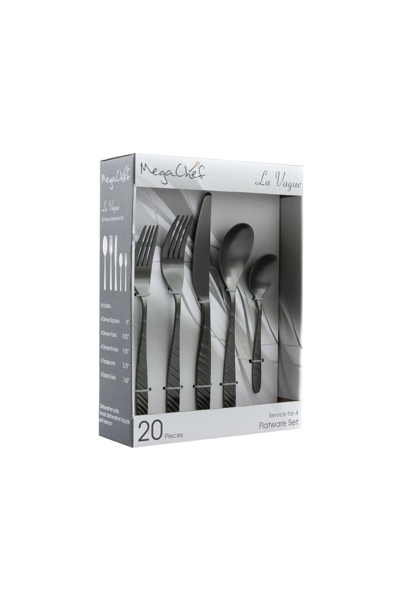 Megachef La Vague 20 Piece Flatware Utensil Set, Stainless Steel Silverware Metal Service for 4, Main, color, Matte Black