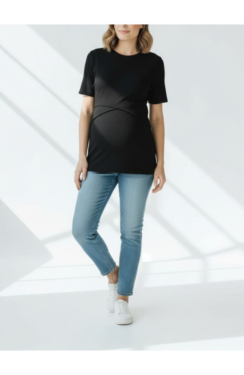 MOTHERHOOD MATERNITY Crew Neck Cross Over Nursing Short Sleeve Top, Alternate, color, Black