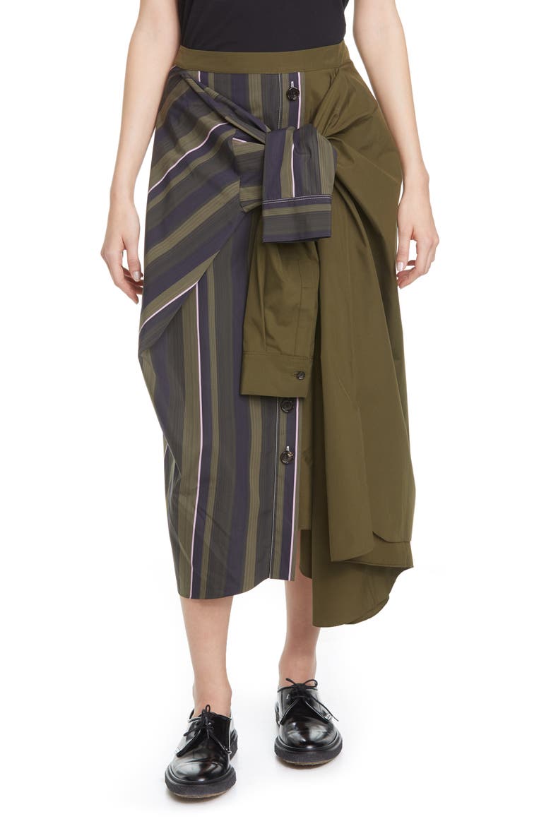 Tie Front Asymmetrical Cotton Midi Skirt, Main, color, DARK OLIVE