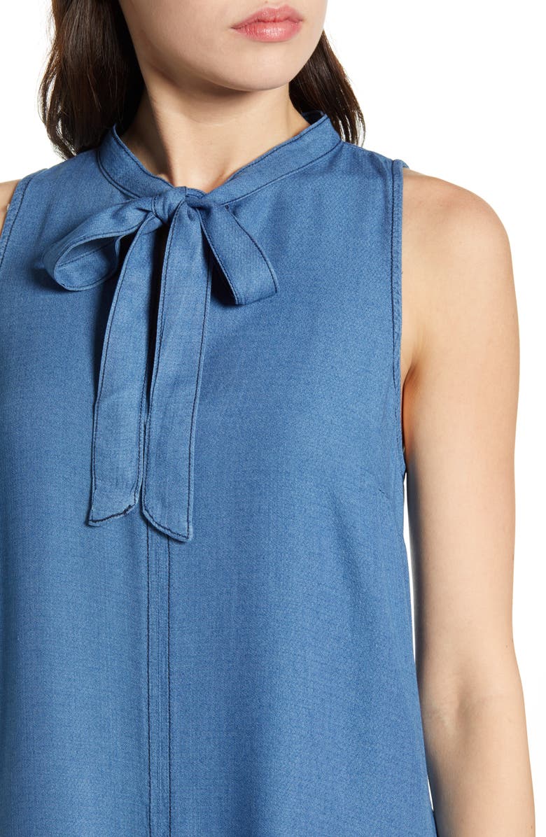 Splendid Tie Neck Sleeveless Chambray Shift Dress, Alternate, color,