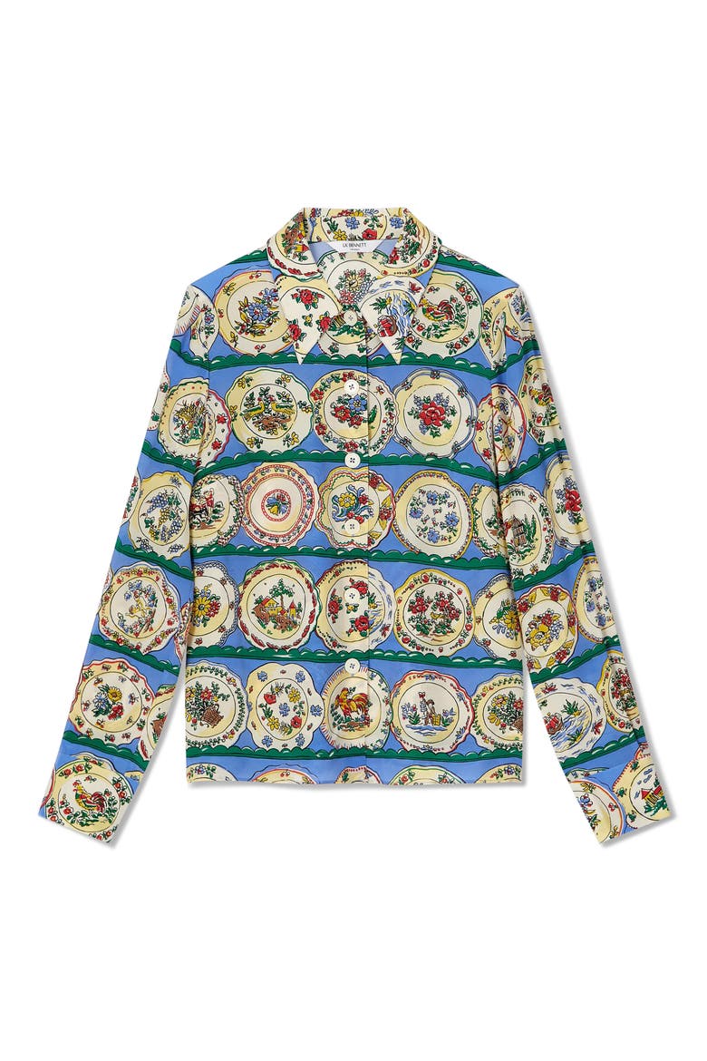Erica Plate Print Silk Button-Up Shirt, Alternate, color, BLUE