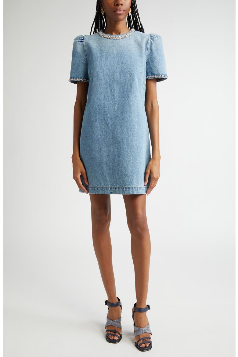Crystal Embellished Denim Minidress, Main, color, BLUE MOON