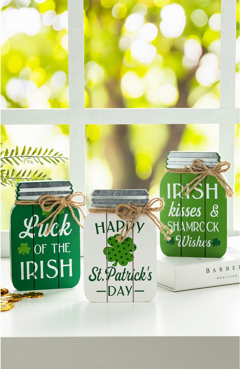Glitzhome Set of 3 St. Patrick's Wooden Mason Jar Table decor, Alternate, color, Green