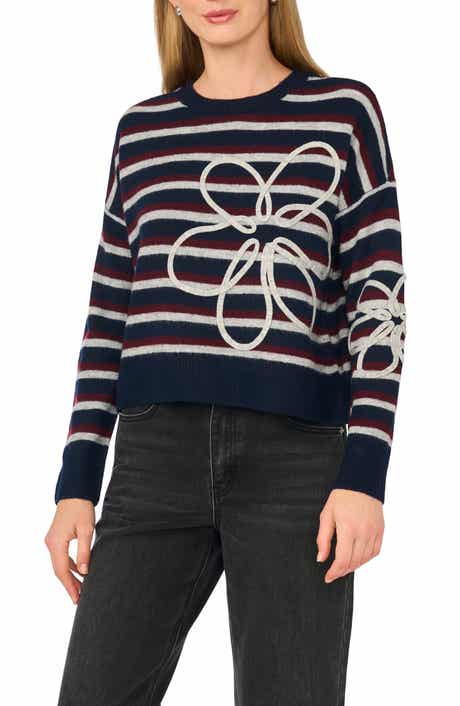 Embroidered Stripe Crewneck Sweater