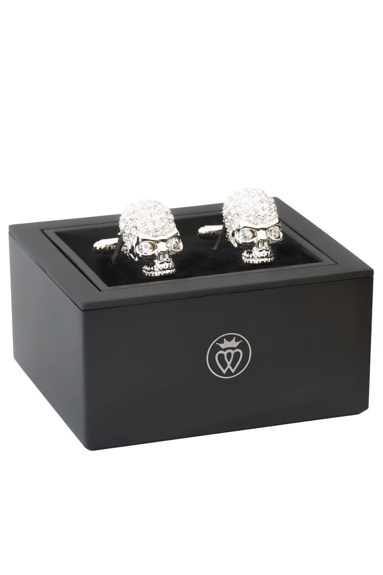 Crystal Skull Cufflinks, Alternate, color, Silver