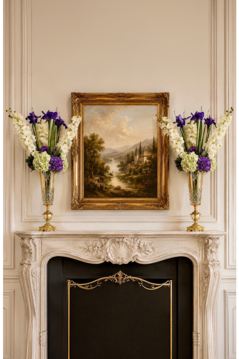 Hydrangea and Iris Arrangement in Vase, Alternate, color, Indigo