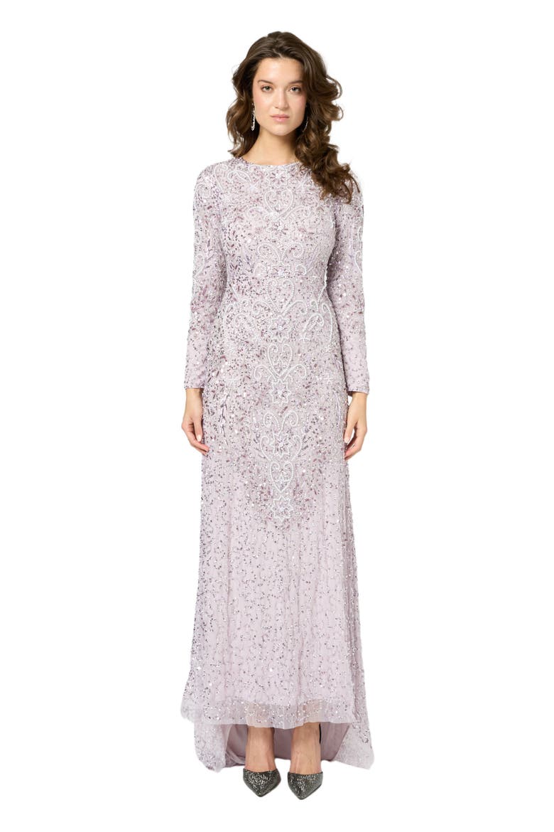 Modest Embellished Sequin Beaded Maxi Dress With Trail, Main, color, LILAC