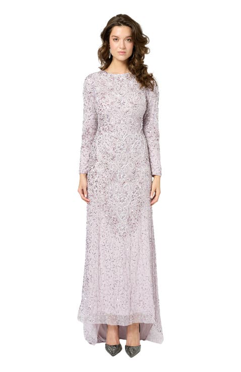 Modest Embellished Sequin Beaded Maxi Dress With Trail