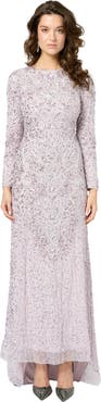 MARYISA Modest Embellished Sequin Beaded Maxi Dress With Trail