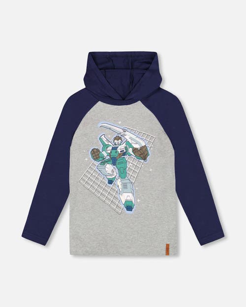 Deux Par Deux Kids'  Organic Cotton Jersey Hooded Raglan Sleeve Tee In Blue