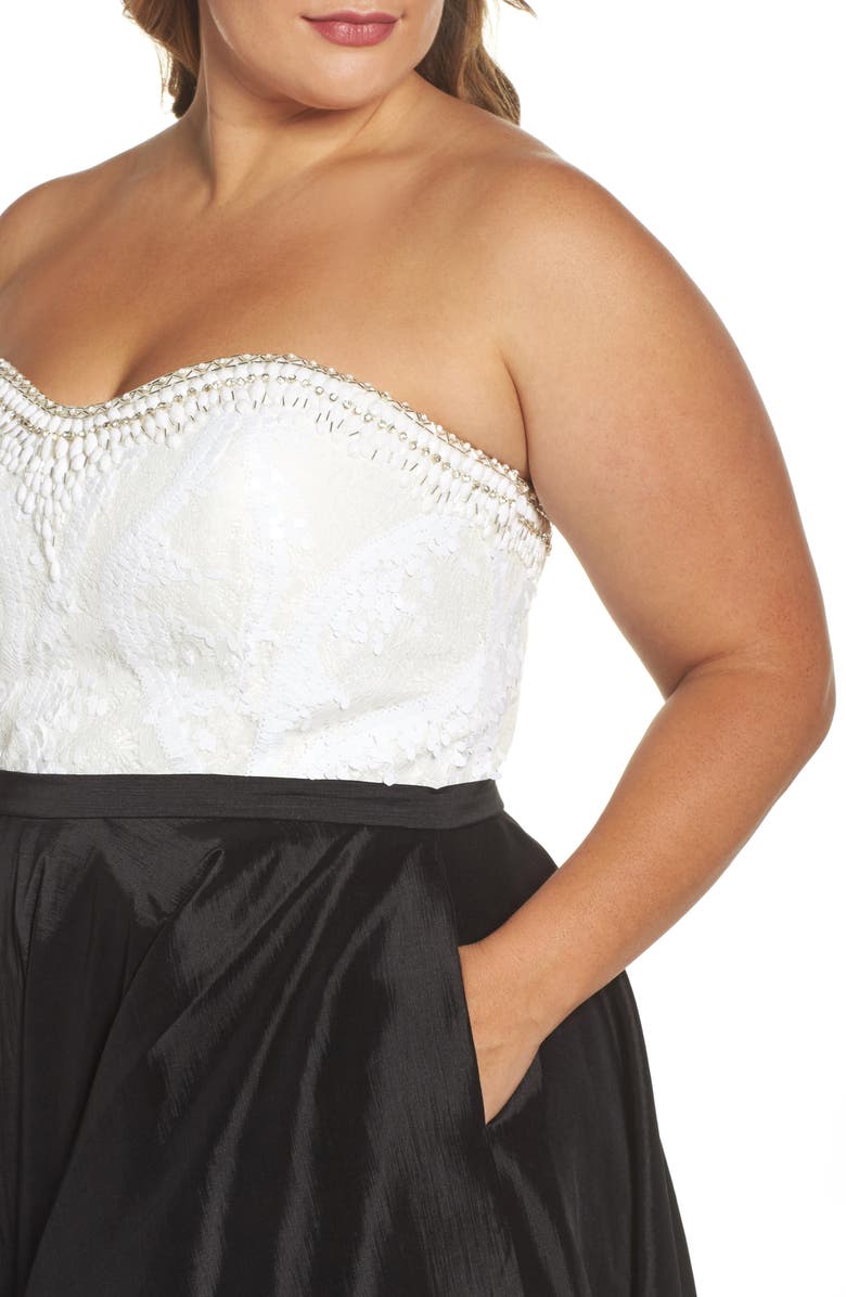 Mac Duggal Embellished Lace & Taffeta Strapless High-Low Gown, Alternate, color, 