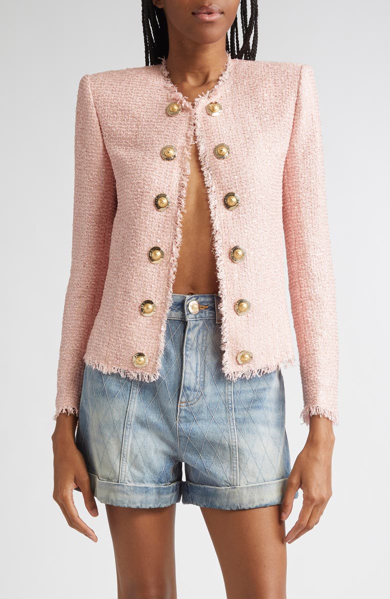 Balmain Glitter Embellished Silk Tweed Spencer Jacket, Main, color, 4Cu Pink