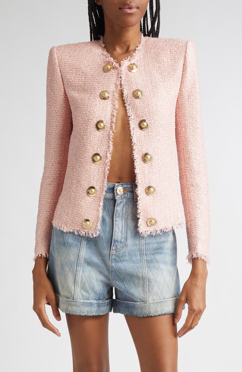 Balmain Glitter Embellished Silk Tweed Spencer Jacket In Pink
