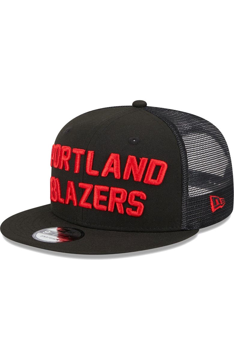 New Era Men's New Era Black Portland Trail Blazers Stacked Script 9FIFTY Trucker Snapback Hat, Alternate, color, 