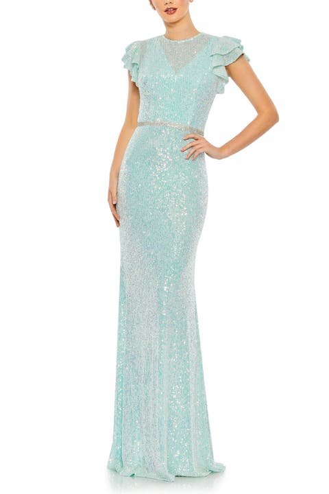 Sequined High Neck Flutter Sleeve Gown