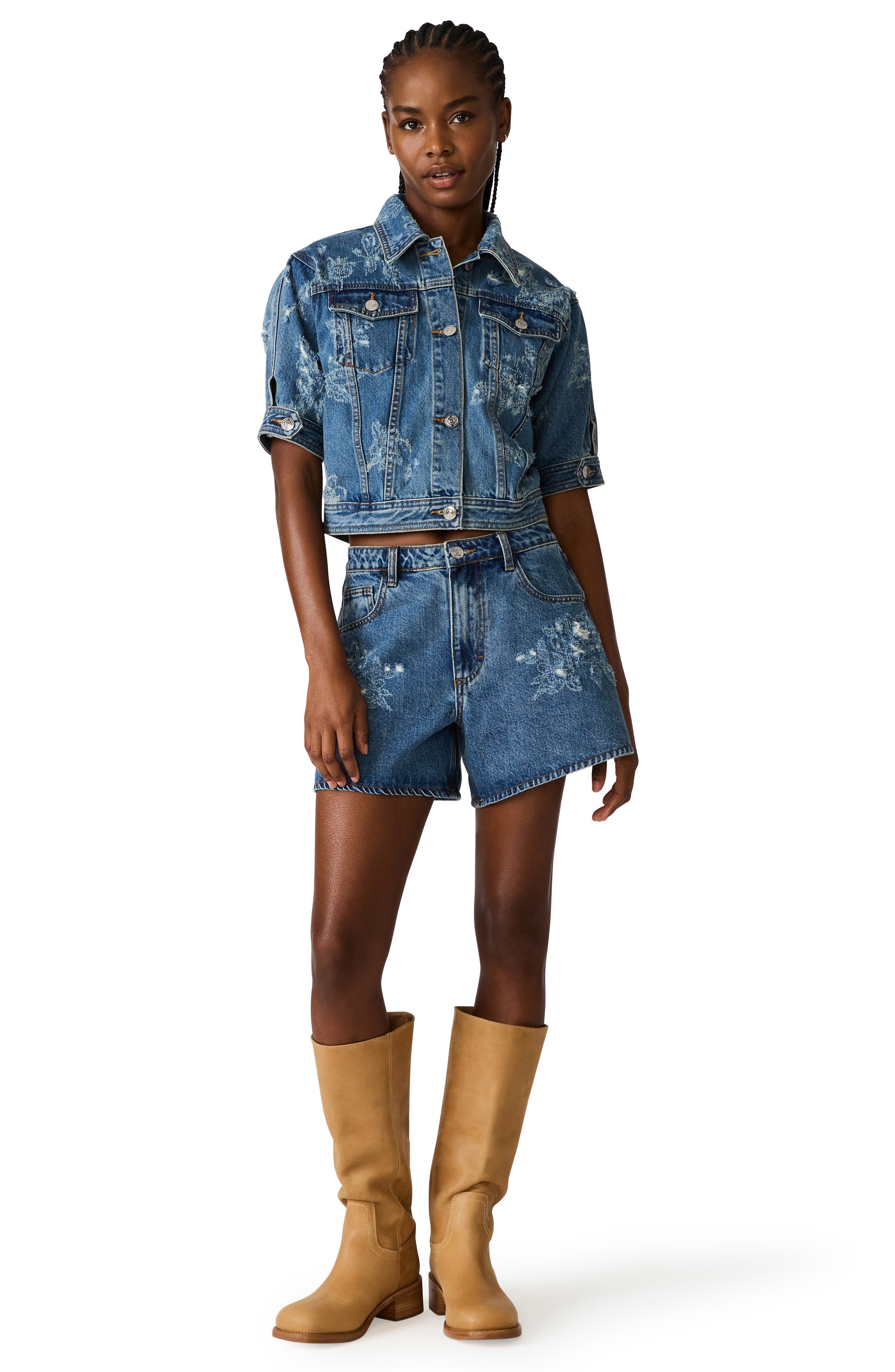 Steve Madden Distressed Short Sleeve Denim Jacket (Women) | Nordstrom