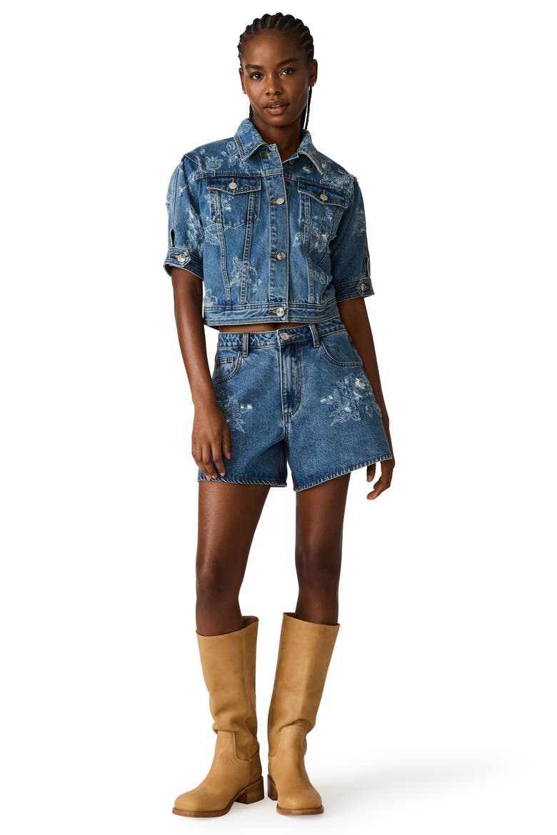 Distressed Short Sleeve Denim Jacket, Alternate, color, MIXED INDIGO