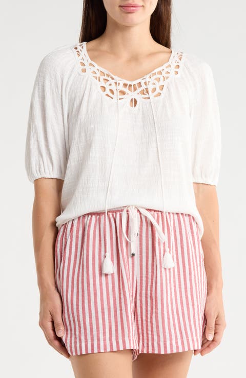 Split Neck Puff Sleeve Top