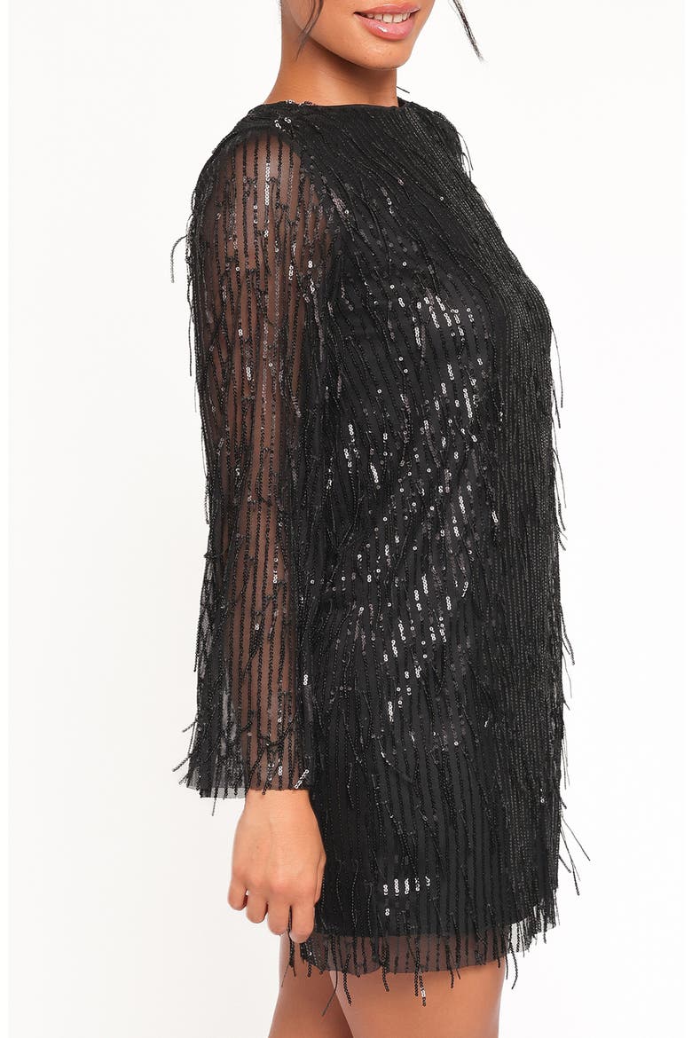 Serena Long Sleeve Sequin Fringe Minidress, Alternate, color, BLACK