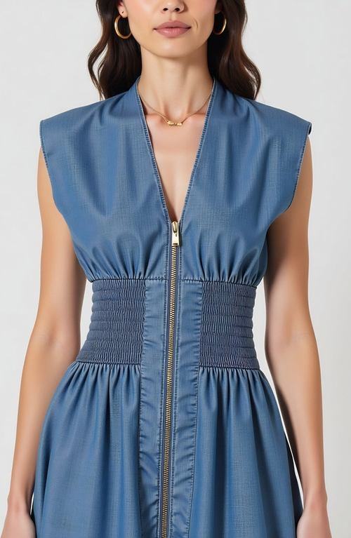 Modenaire Denim Mini Dress With Cap Sleeves Smocked Waist And Front Zip Closure In Blue