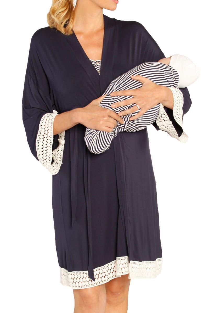 Angel Maternity Nursing Dress, Robe & Baby Blanket Set, Main, color, Navy Stripes