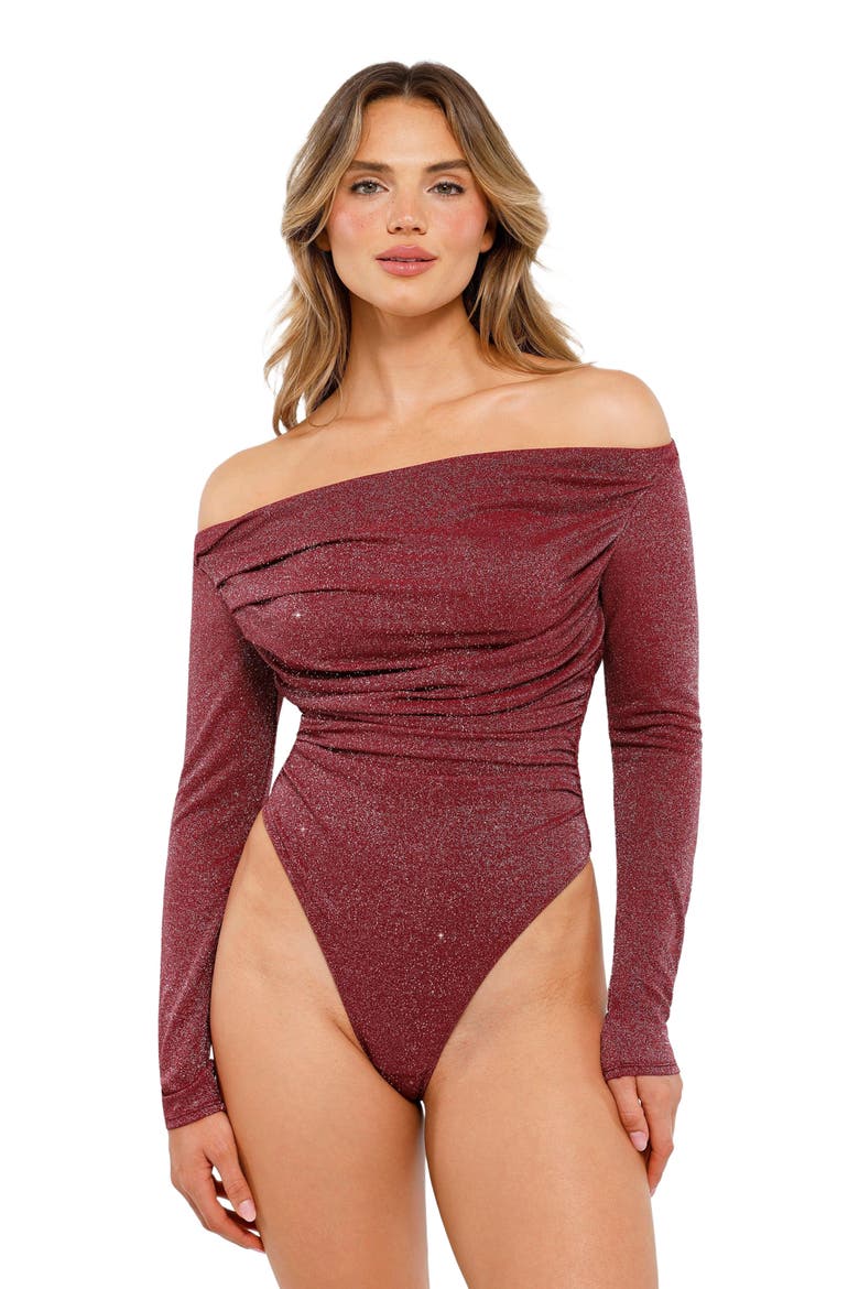 Shapewear Metallic Knit Long Sleeve Slimming Bodysuit, Alternate, color, RUBY