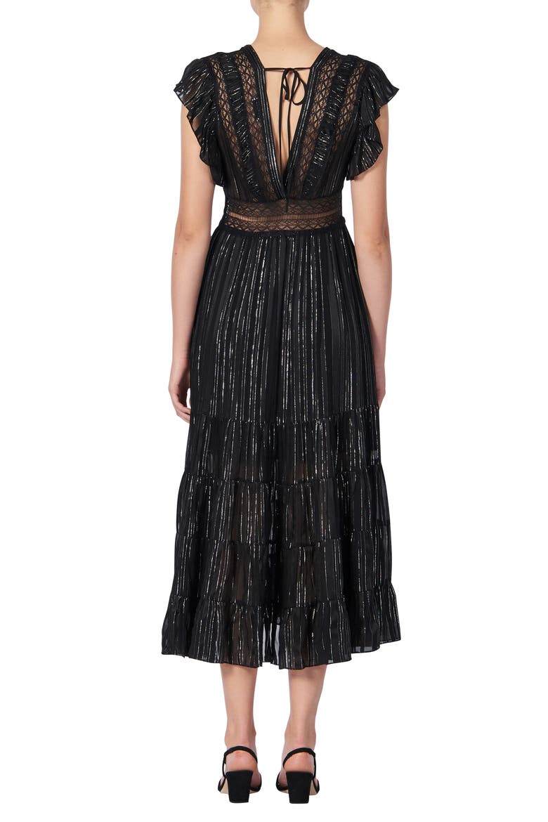 Dona Metallic Stripe & Lace Detail Midi Dress, Alternate, color, BLACK