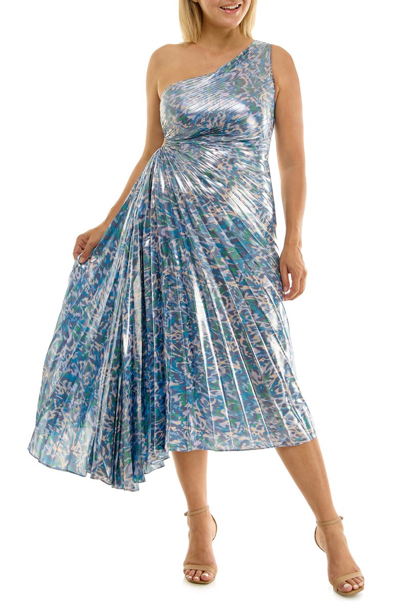 Nicole Miller Pleated One-Shoulder Metallic Dress, Alternate, color, 