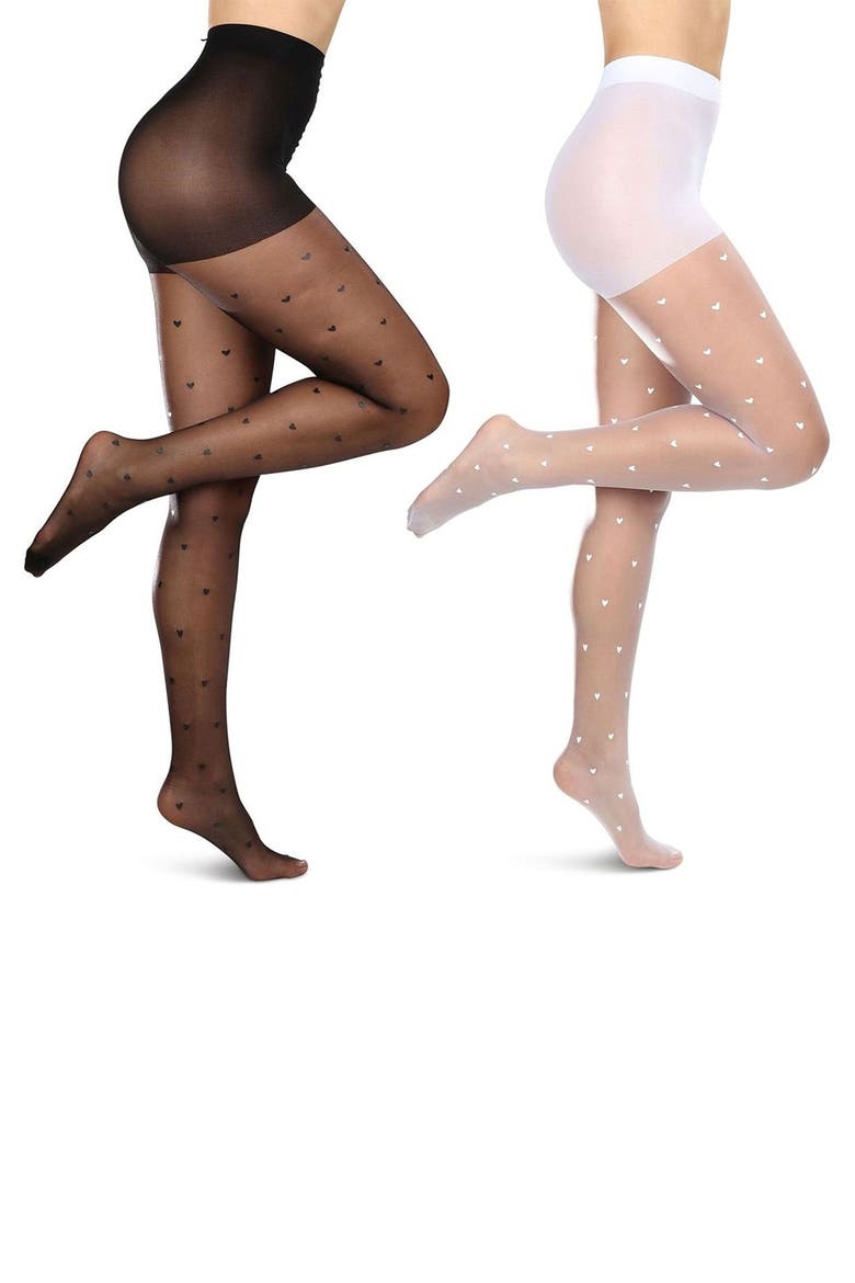Mini Heart Assorted 2-Pack Sheer Tights, Main, color, BLACK-WHITE