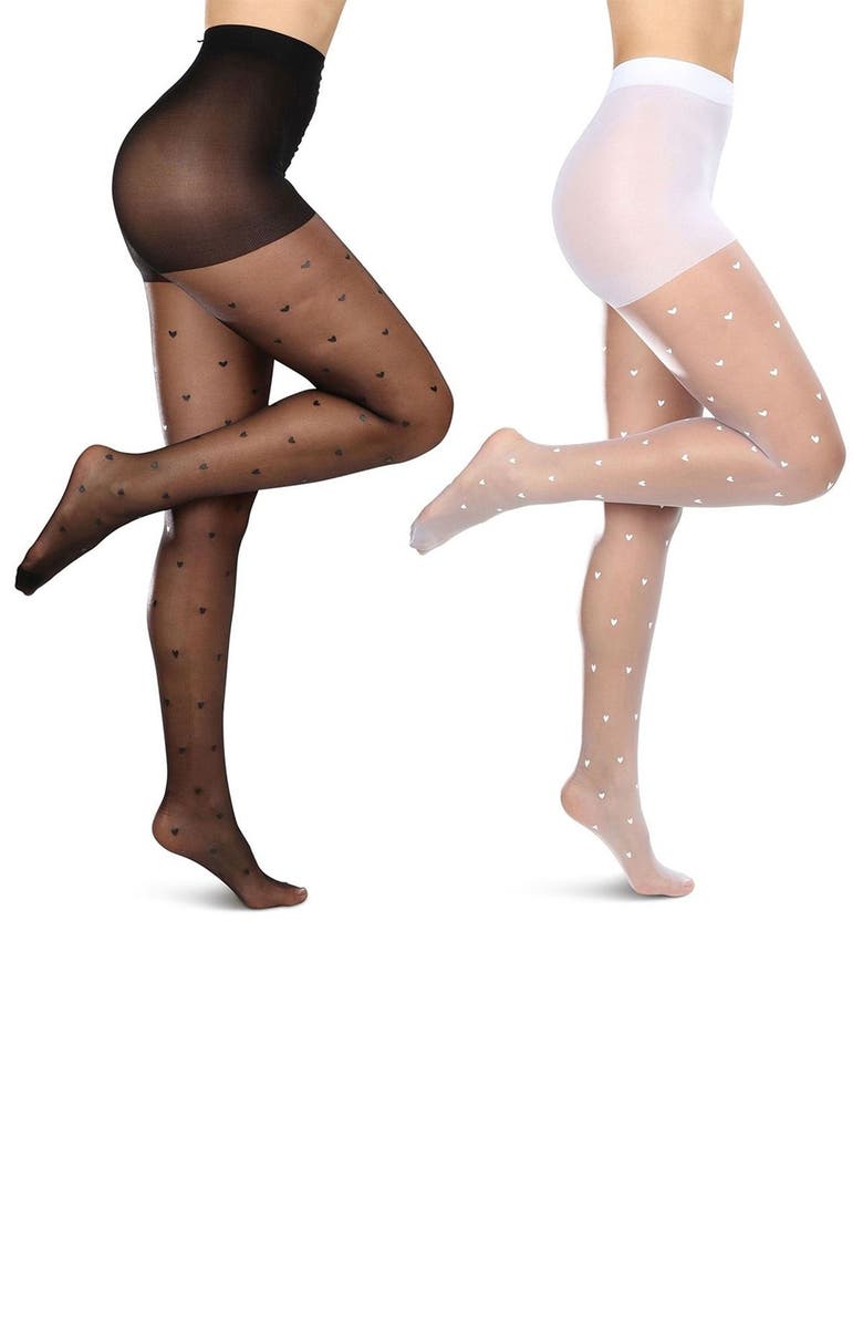MeMoi Mini Heart Assorted 2-Pack Sheer Tights, Main, color, Black-White