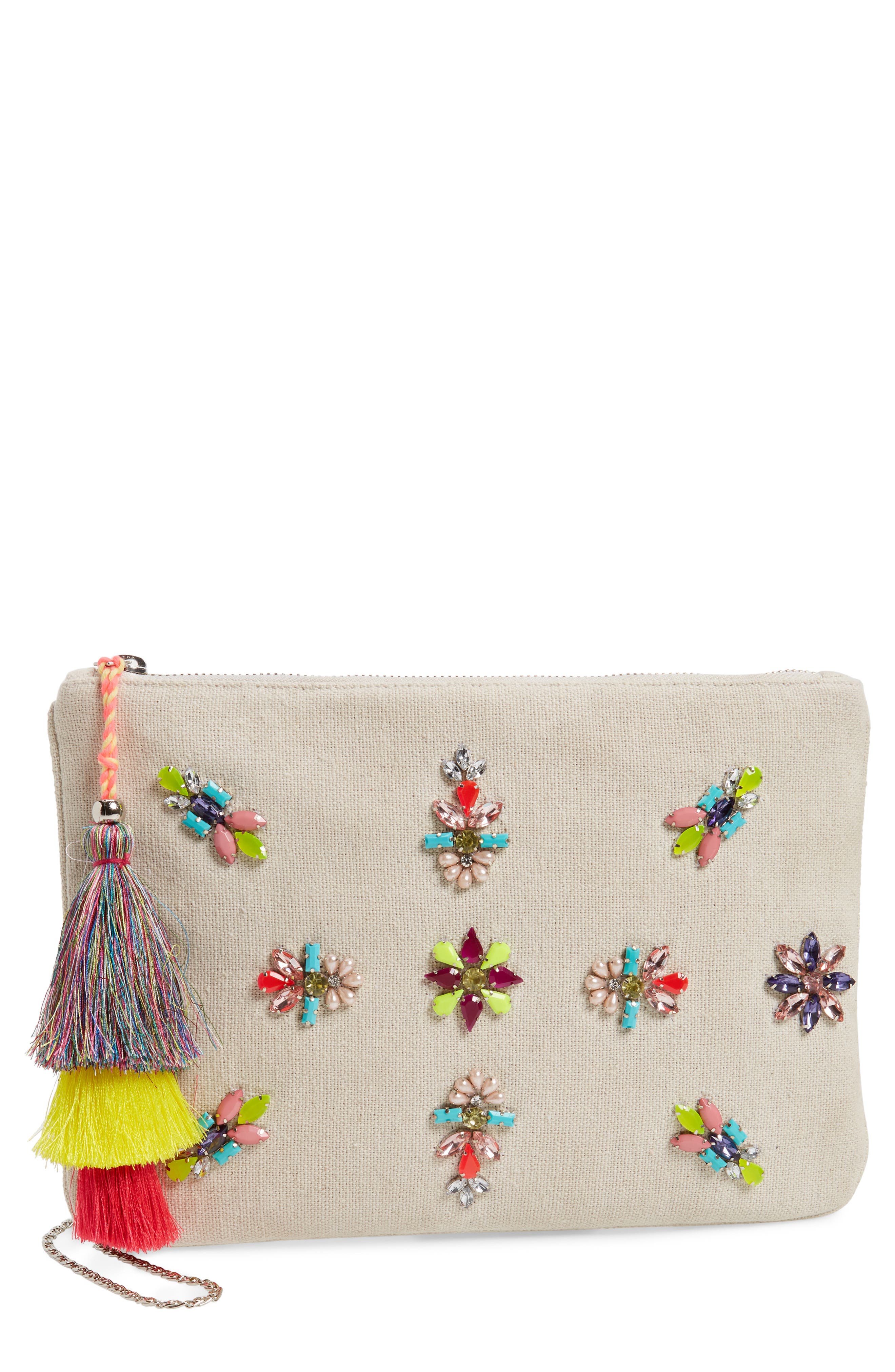 Steve Madden Rhinestone Appliqué Crossbody Clutch, Main, color, 