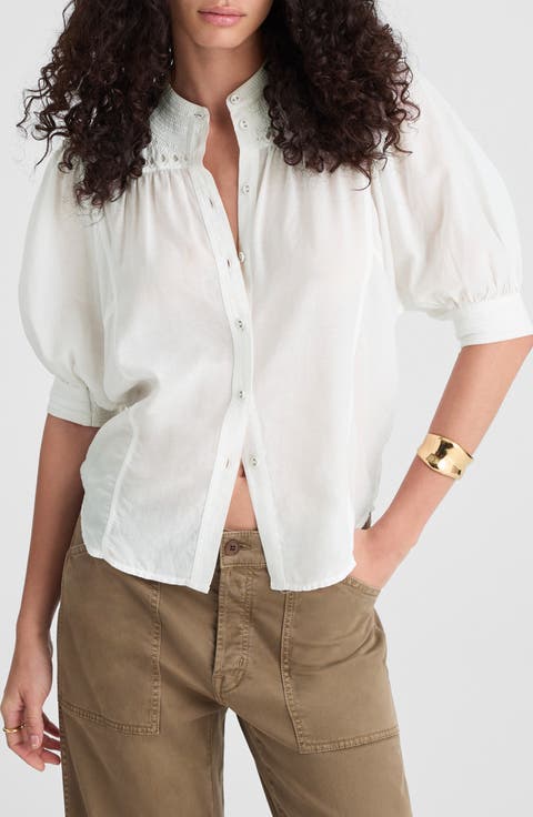 Embroidered Puff Sleeve Band Collar Cotton Shirt