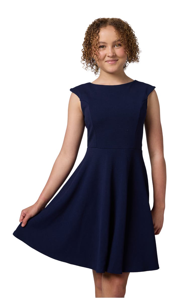 Un Deux Trois Textured Cap Sleeve Dress in Longer Length, Main, color, Navy