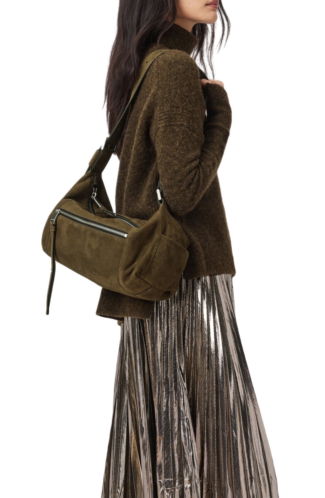 AllSaints Vega Suede Shoulder Bag, Alternate, color, Olive Green