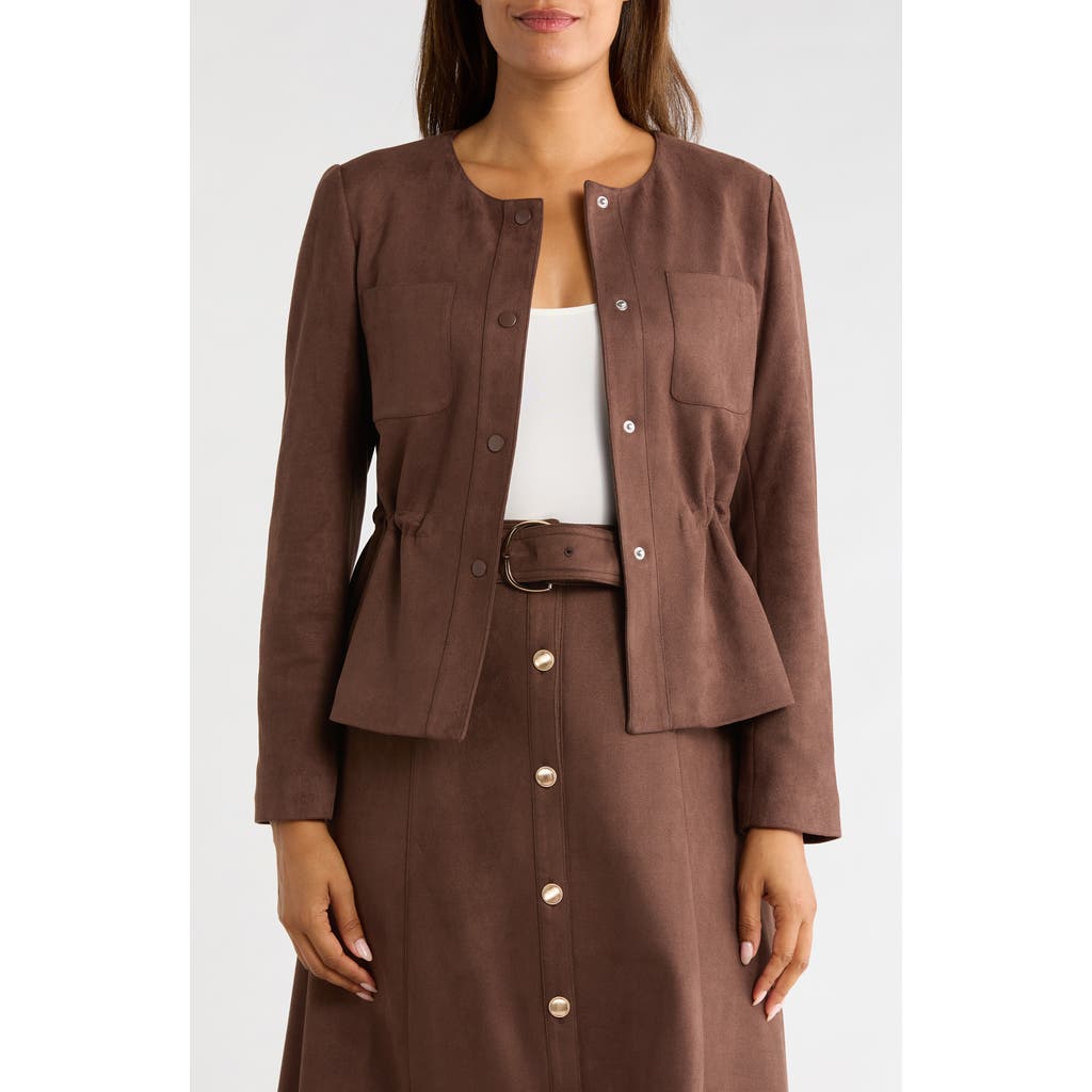 Gemma + Jane Drawstring Waist Faux Suede Jacket In Brown