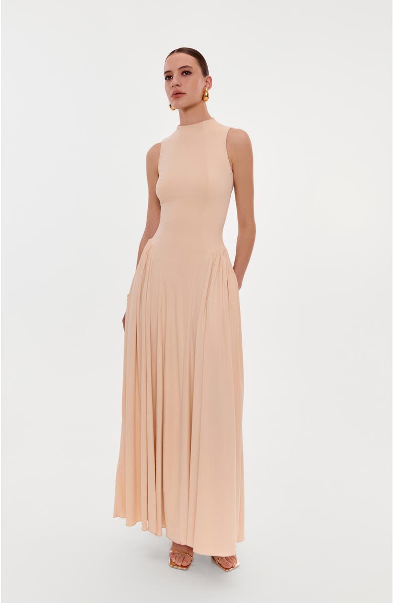 Milla Sleeveless mock neck dress with a pleated maxi skirt, Alternate, color, Nude
