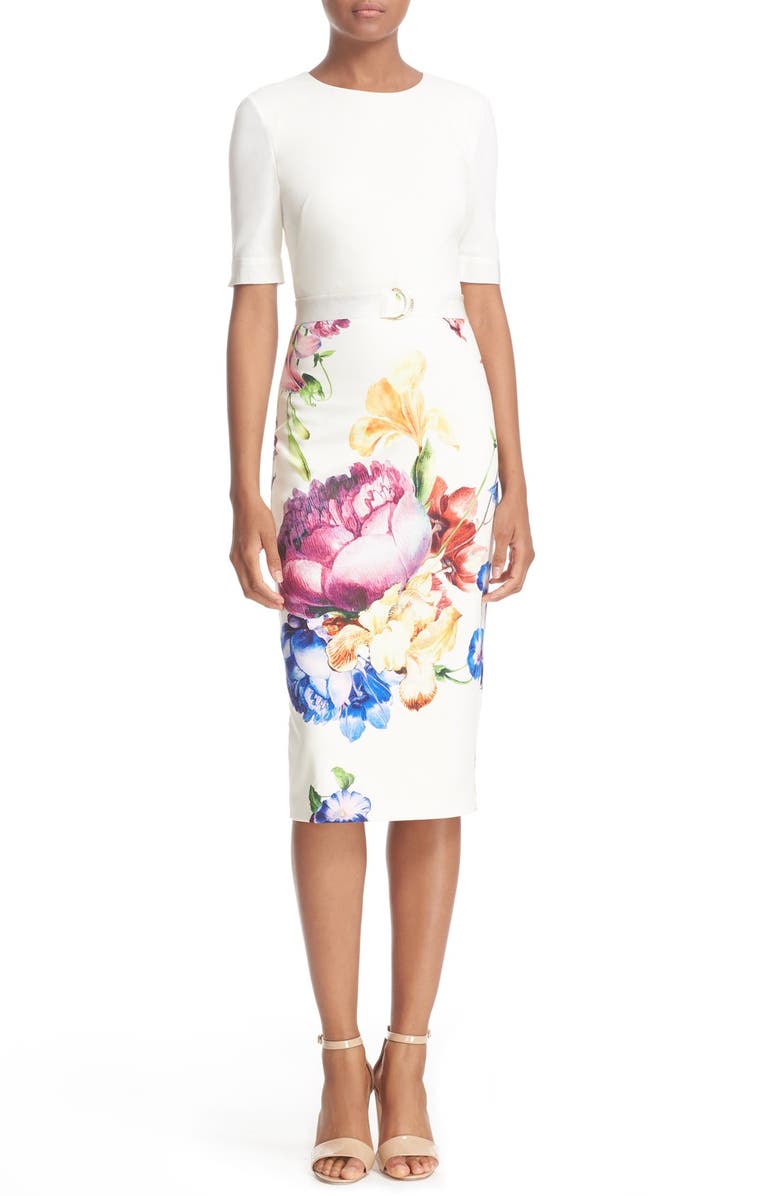 Ted Baker London 'Tapestry Floral' Belted Print Midi Sheath Dress, Main, color, 